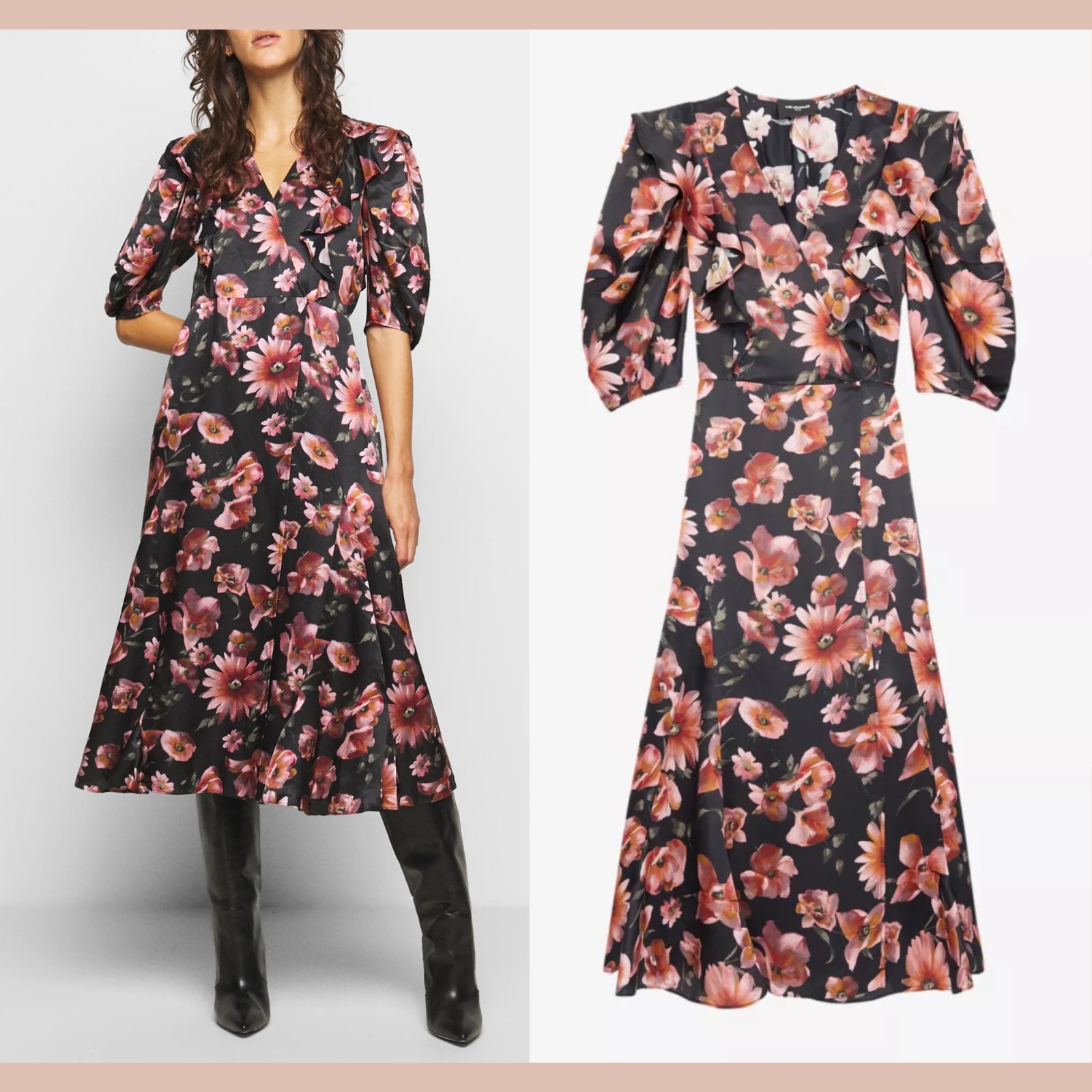 Nwt $498 The Kooples [ 3 ] Pastel Daisy Print Satin Midi Dress In Black #J2131